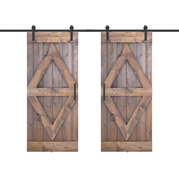 Dessliy Diamond Series 48 in. x 84 in. Fully Set Up Briar Smoke Finished Pine Wood Sliding Barn Door with Hardware Kit
