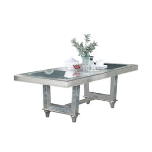 Modern Silver Glass Top 42 in. Double Pedestal Dining Table with Crystal Accents Seats 6