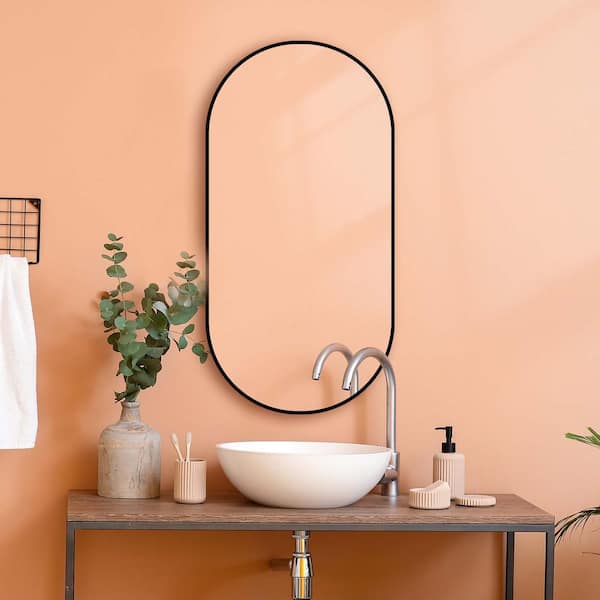 Getpro 18 in. W x 36 in. H Large Oval Metal Framed Wall Bathroom Vanity Mirror in Black