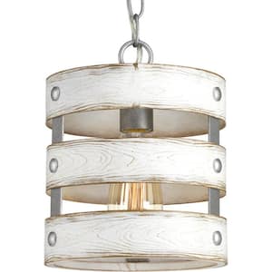 Gulliver 8-1/2 in. 1-Light Coastal Galvanized Drum Mini-Pendant with Weathered White Wood Accents