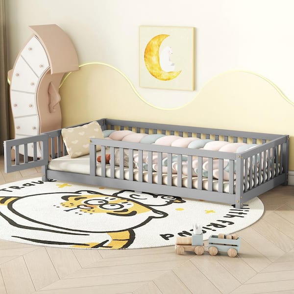 Gray Wood Frame Twin Size Floor Bed, Platform Bed with Fence and Door