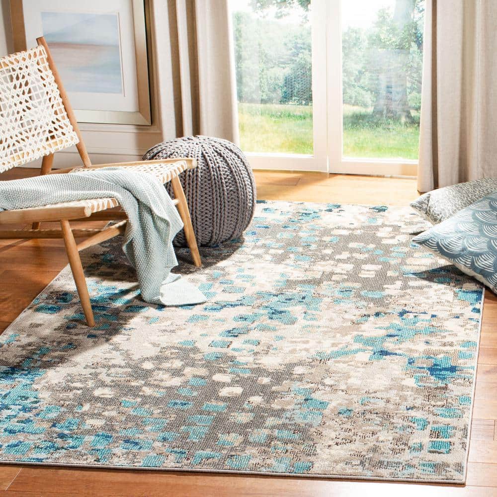 Grey and Blue Abstract Square Synthetic Area Rug