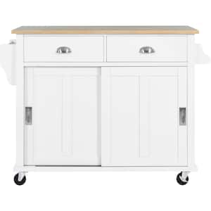 White Rubber Wood Kitchen Cart with Cabinets