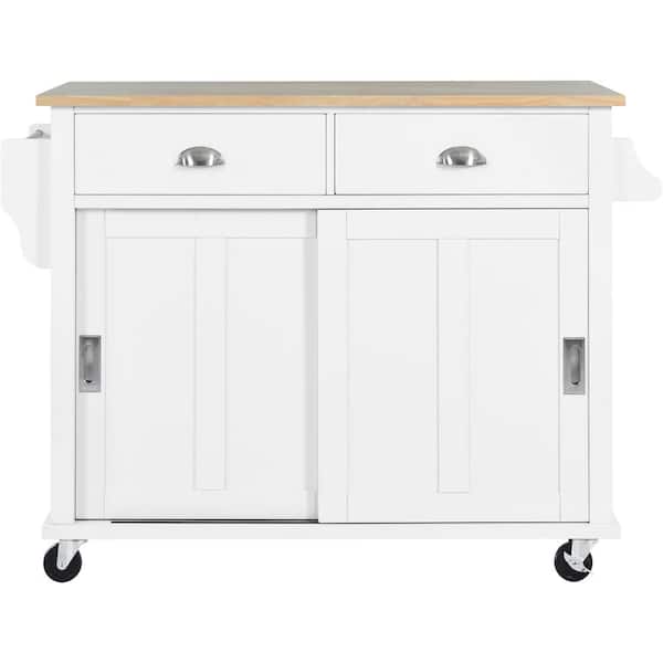 JimsMaison White Rubber Wood Kitchen Cart with Cabinets