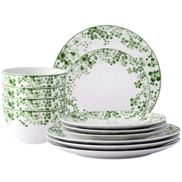 Bloomington Road (White and Green) Porcelain 12-Piece Dinnerware Set, Service for 4