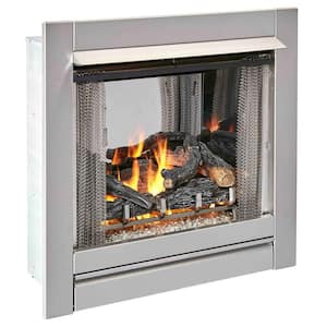 Duluth Forge Vent Free Stainless Outdoor Gas Fireplace Insert With Fire Glass Media and Log Set - 24,000 BTU