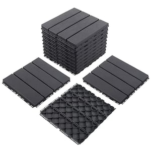 12 in. x 12 in. Outdoor Interlocking Slat Plastic Patio and Deck Tile Flooring in Dark Gray (Set of 9)