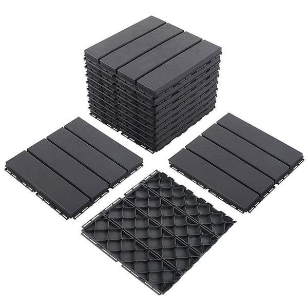 Cesicia 12 in. x 12 in. Outdoor Interlocking Slat Plastic Patio and Deck Tile Flooring in Dark Gray (Set of 9)