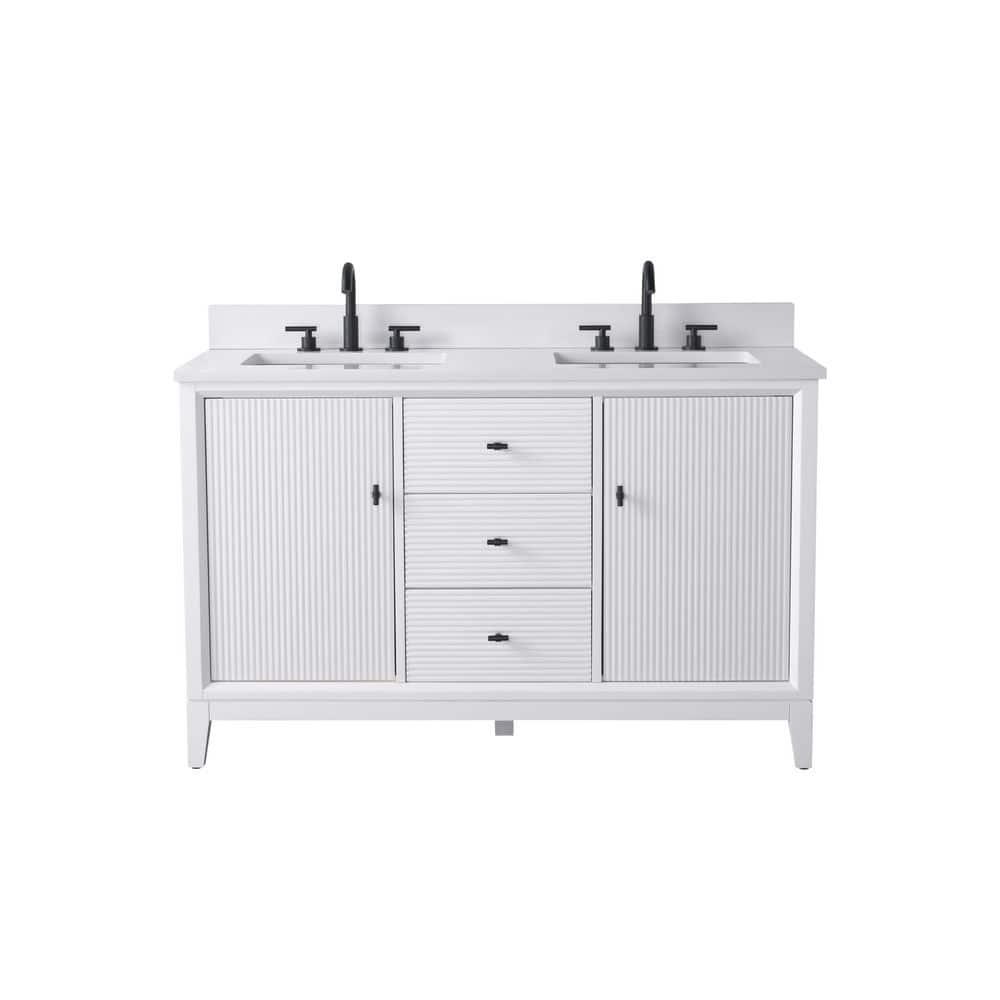 54 in. W x 22 in. D Double Sink Freestanding White Bath Vanity Cabinet with White Engineered Marble Top