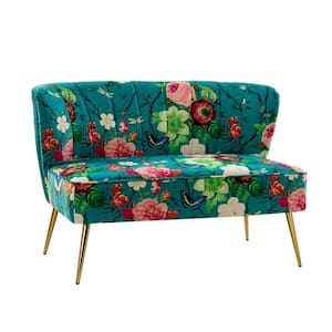 Arezo 47 in. Comfy Blue Floral Pattern Design Loveseat with Channel Tufted Back and Adjustable Leg