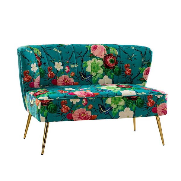 JAYDEN CREATION Arezo 47 in. Comfy Blue Floral Pattern Design Loveseat with Channel Tufted Back and Adjustable Leg
