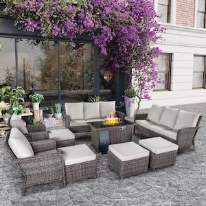 9-Piece Wicker Patio Rectangle Fire Pit Conversation Set with Cushions