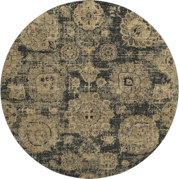Mayfield Premium Machine Washable Indoor/Outdoor Geometric AMF634 Charcoal 8 ft. x 8 ft. Round Area Rug