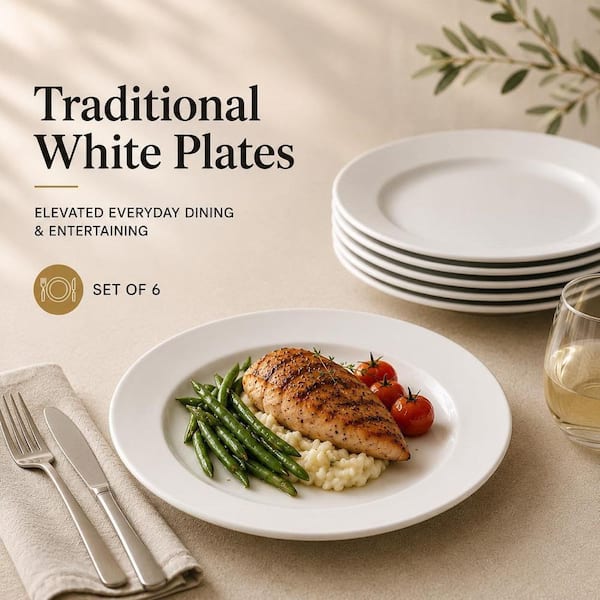 Anqtovp Simply White Ceramic 10.5 in. Round Dinner Plate, Set of 6