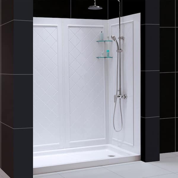 SlimLine 60 in. x 34 in. Single Threshold Shower Pan Base in White Right Hand Drain with Back Walls