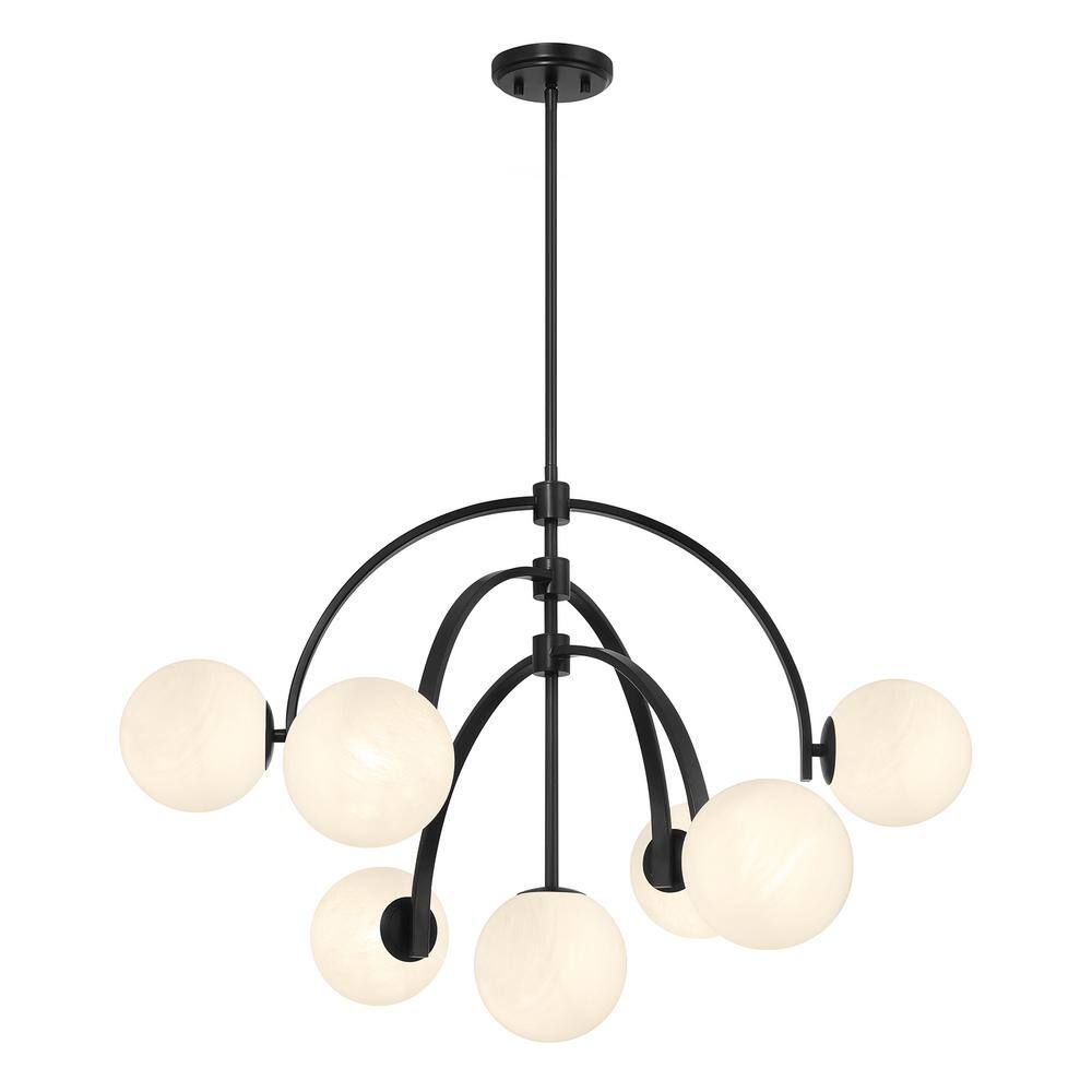 Matte Black 7-Light Chandelier with Strie Glass Shades