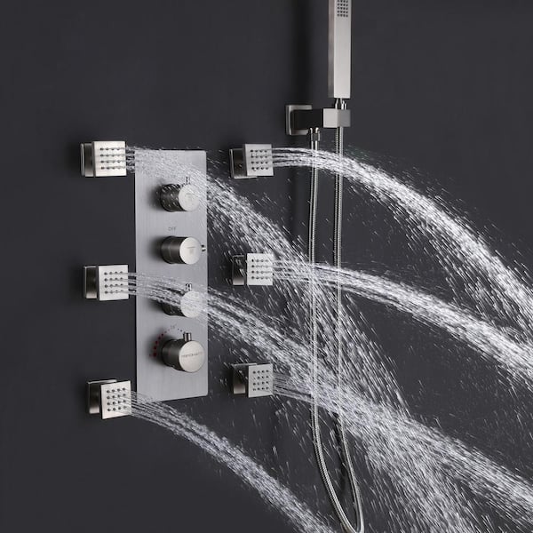 Dimakai 12 in. 6-Jet Thermostatic Ceiling Mount LED Rainfall Shower System with Bathroom Shower Mixer Set in Black