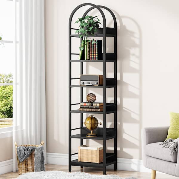 Eulas 78.7 in. Tall Black Wood 6-Shelf Etagere Bookcase with Metal Frame, Arched Bookshelf for Living Room