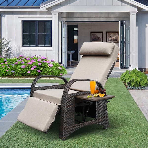 Cesicia Brown Adjustable Wicker Outdoor Lounge Chair with Side Shelf and Khaki Cushion