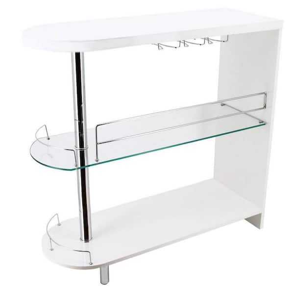 Benjara 41 in. White and Chrome Rectangle Metal Lacquer Bar Table with 3 Shelves