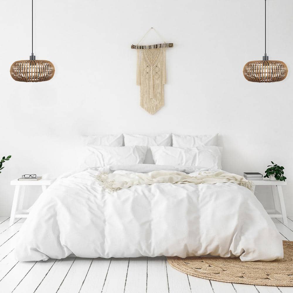 Matte Black Drum Pendant Light with Rattan Shade