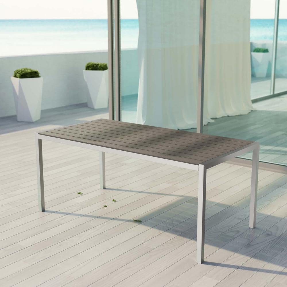 Silver Gray Aluminum and Wood Outdoor Dining Table