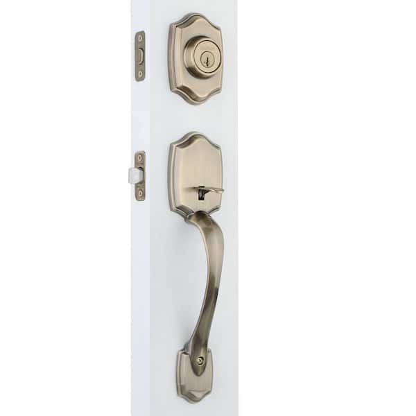 Belleview Antique Brass Single Cylinder Door Handleset with Tylo Door Knob Featuring SmartKey Security