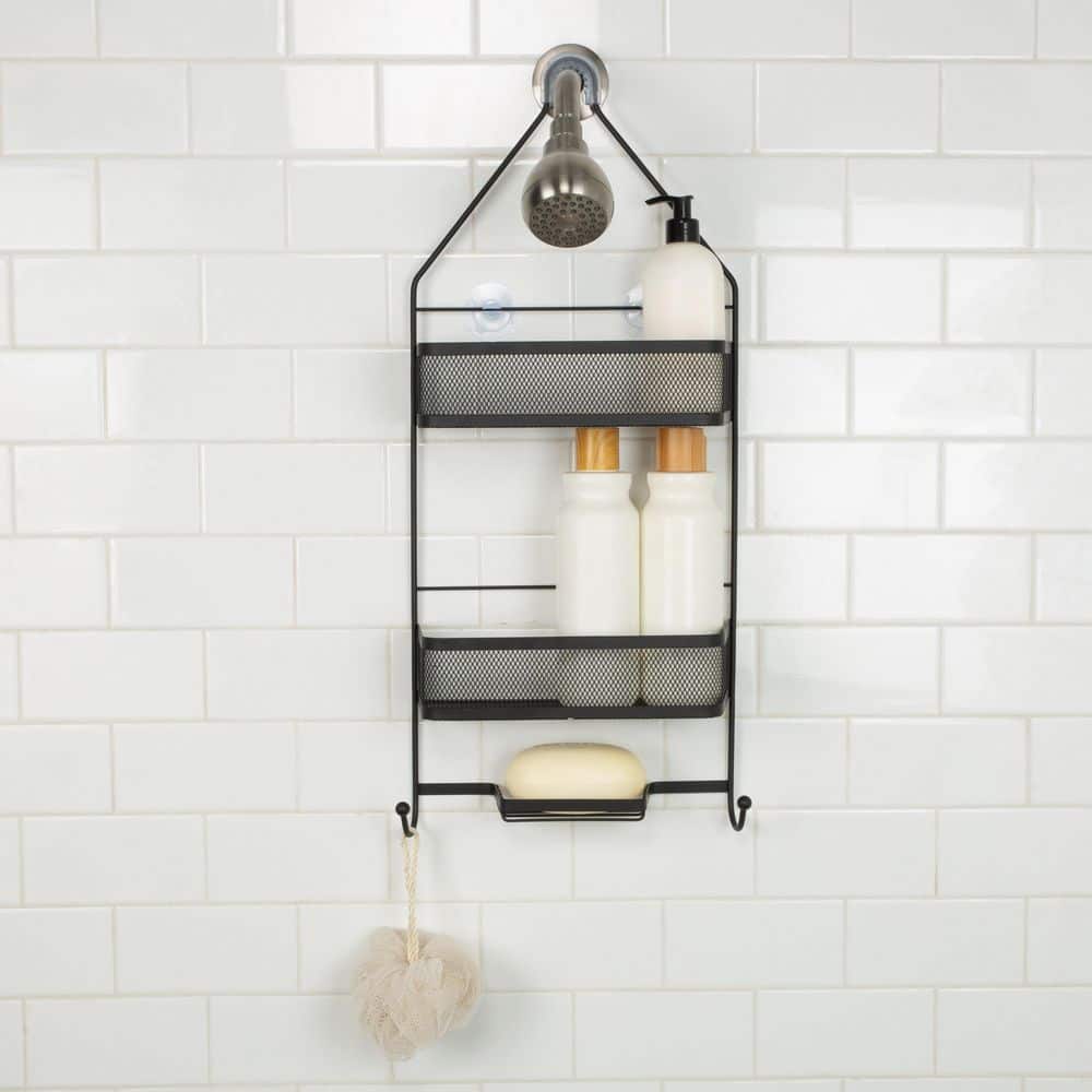 Matte Black Mesh Two-Shelf Shower Caddy with Suction Mount