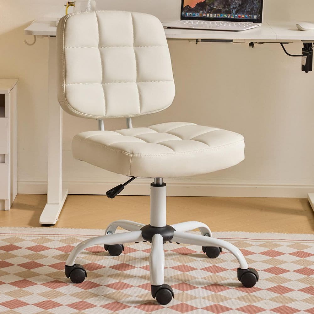 Faux Leather Fabric Plaid Cushion Adjustable High Swivel Task Chair in White with Armless
