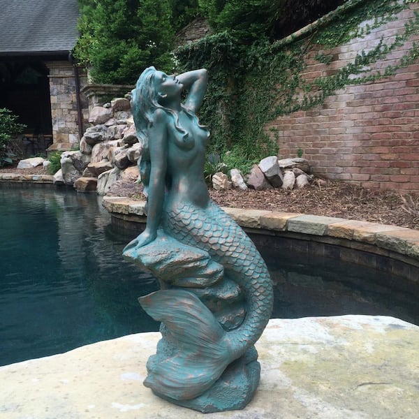 Mermaid Solid Concrete Statue Antique Hand Painted Aged Antique Bronze Finished 