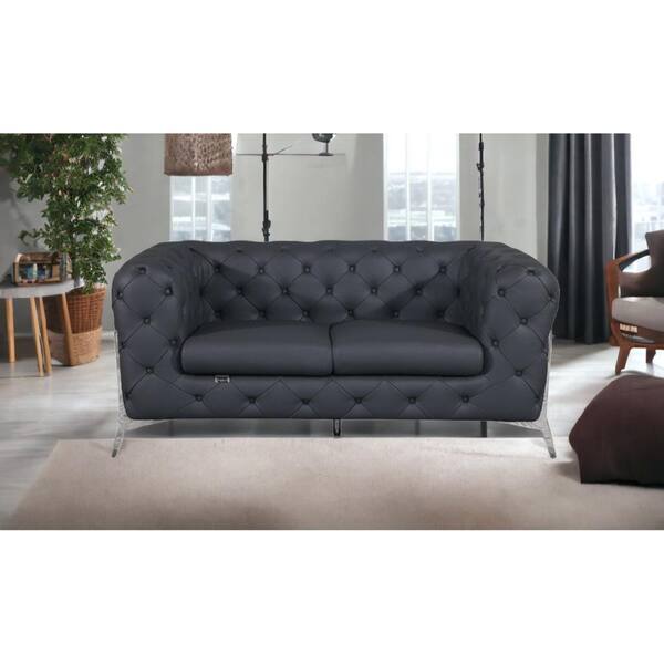 HomeRoots Valerie 69 in. Dark Gray Solid Leather 2-Seats Loveseat