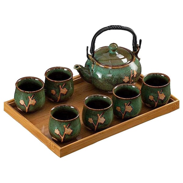Japanese Tea Set Kiln-Formed Ceramic with Plum Blossom Embossed Includes Teapot 6 Teacups Tray Strainer 1 Set
