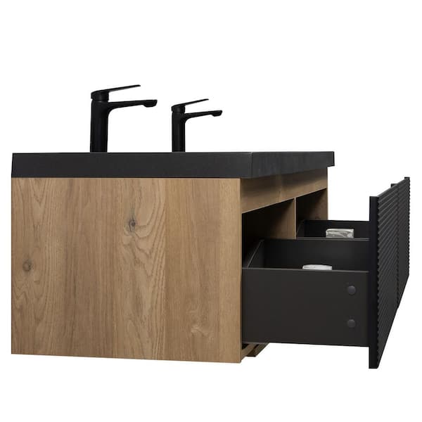 60 in. W x 20 in. D x 16 in. H Double Floating Bathroom Vanity with Black Quartz Sand Top in Natural Oak Assembled