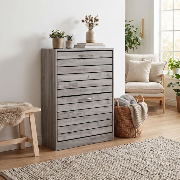 22.4 in. W x 29.5 in. H Gray Wood Louver Door Shoe Storage Cabinet with 2-Drawers for Entryway Hallway