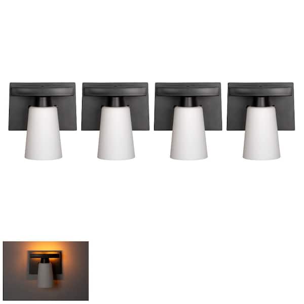 7 in. KESTLE 1-Light Black Vanity Light with Night Light Mode, E26 Med Bulb, White Frosted Glass Cylinder Shade, 4-Pack