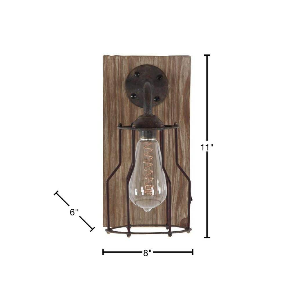 Industrial Brown Iron and Wood Battery Operated Wall Sconce