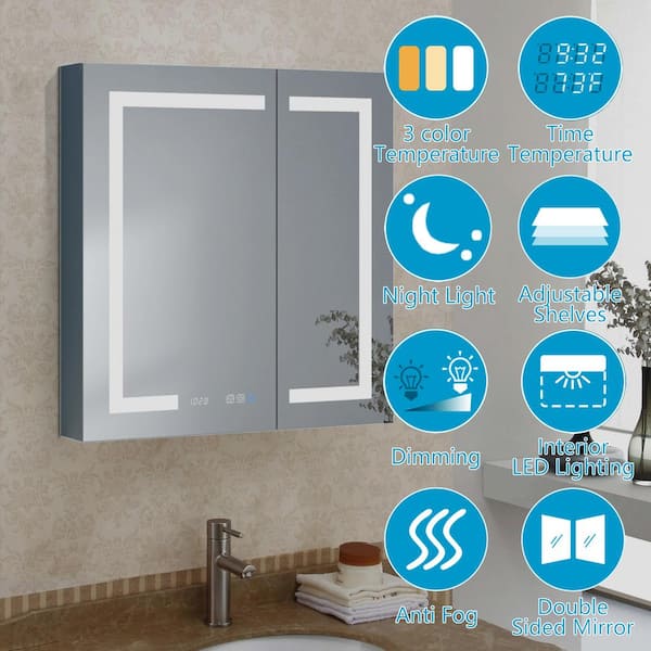 Fresca Tiempo 48-in x 36-in Lighted LED Fog Free Surface/Recessed Mount LED Lighting Mirrored Soft Close Medicine Cabinet with Outlet