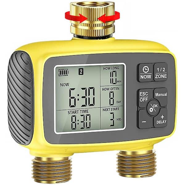 2 Zone Brass Water Timer Programmable Hose Timer with Metal Inlet Outlet Rain Delay for Garden Irrigation