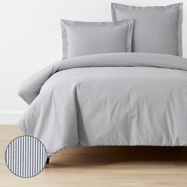 The Company Store Company Cotton Stripe Yarn-Dyed White/Blue Queen Cotton Percale Duvet Cover