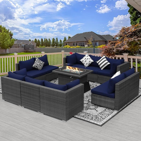 FINCATI Eden Gray 10-Seat 11-Piece Wicker Patio Fire Pit Deep Seating Sofa Set with Navy Blue Cushions and 43 in. Firepit Table