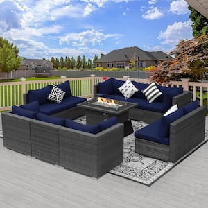 Eden Gray 10-Seat 11-Piece Wicker Patio Fire Pit Deep Seating Sofa Set with Navy Blue Cushions and 43 in. Firepit Table