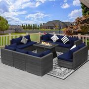 Eden Gray 10-Seat 11-Piece Wicker Patio Fire Pit Deep Seating Sofa Set with Navy Blue Cushions and 43 in. Firepit Table