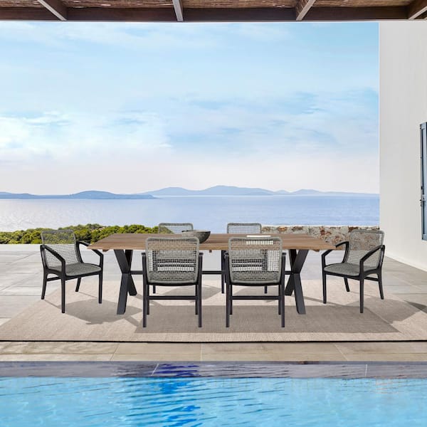 Armen Living Glendora and Beckham Dark Brown 7-Piece Eucalyptus Wood Rectangle Outdoor Dining Set