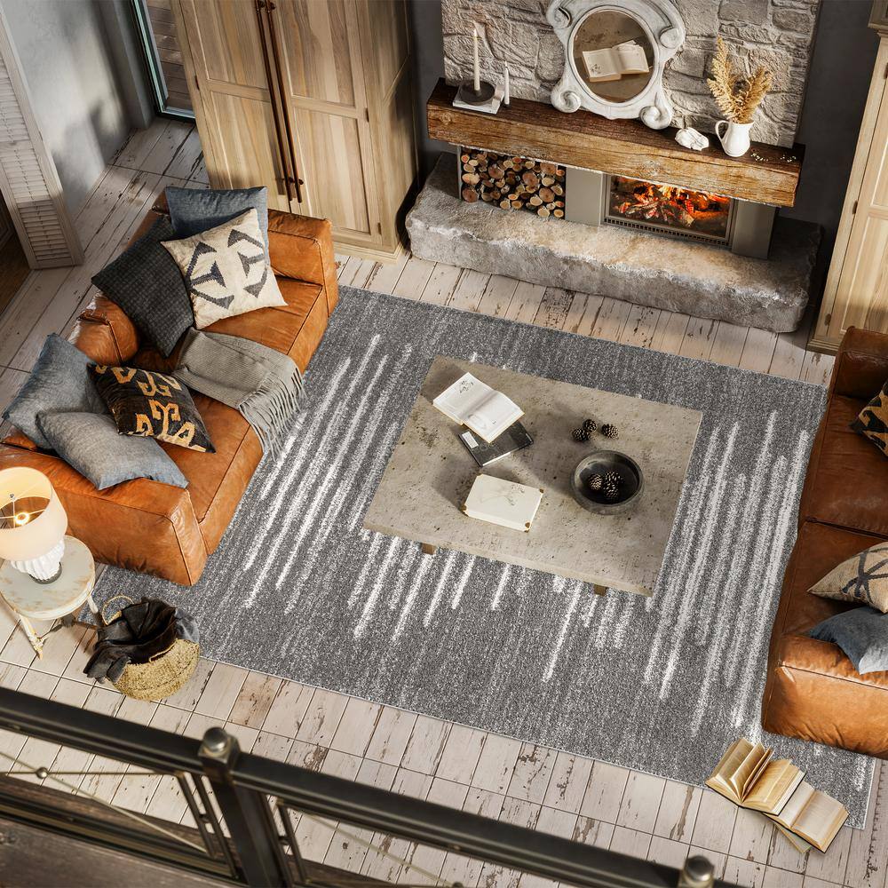 Gray and Cream Synthetic Rectangular Area Rug, 5' x 8'