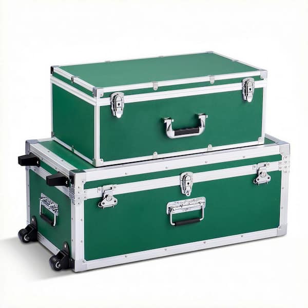 SKYSHALO Set of 2 Metal Storage Trunks, Wooden Boxes with 32.13 in