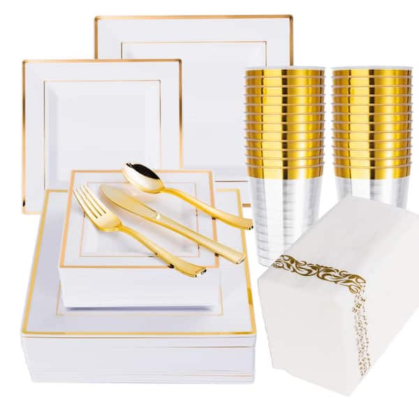 50-Guest Disposable Dinnerware Set with Square White Plates, Gold Rim, Cups, Cutlery and Napkins