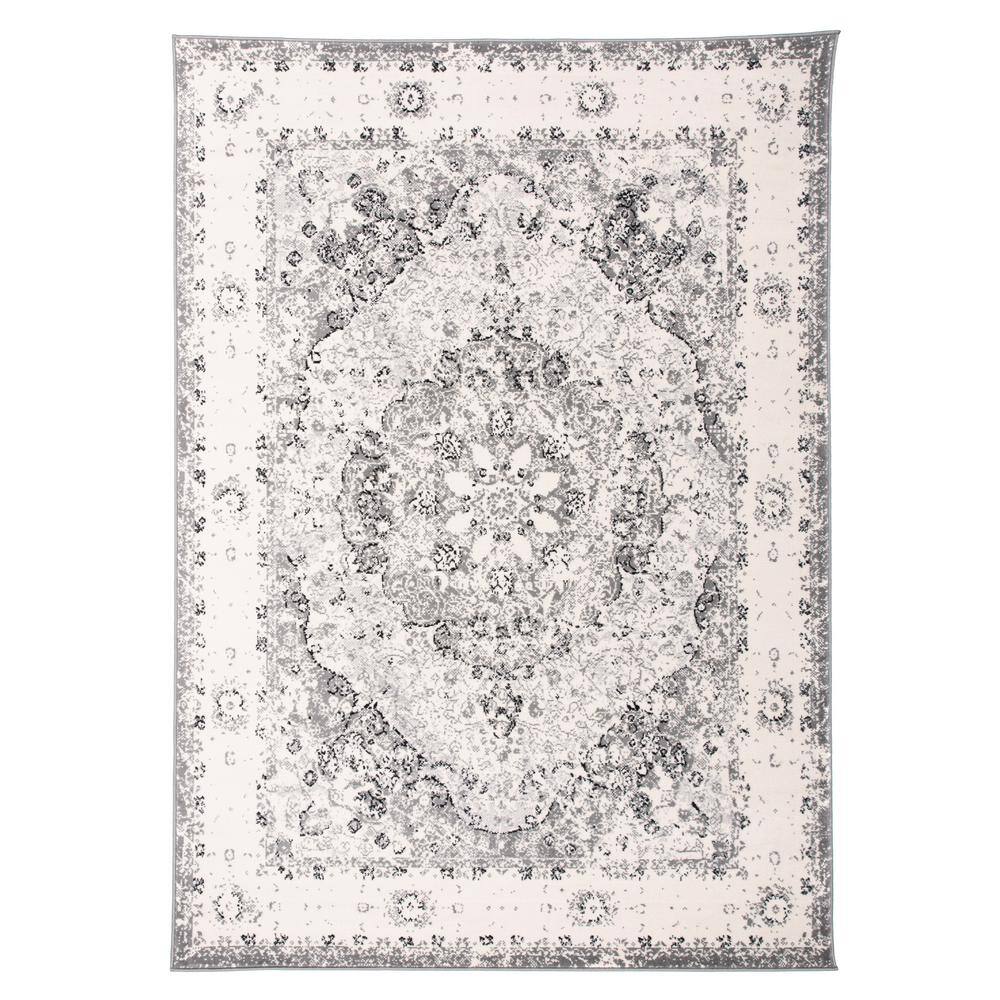 Gray and White Synthetic Medallion 10x14 Area Rug