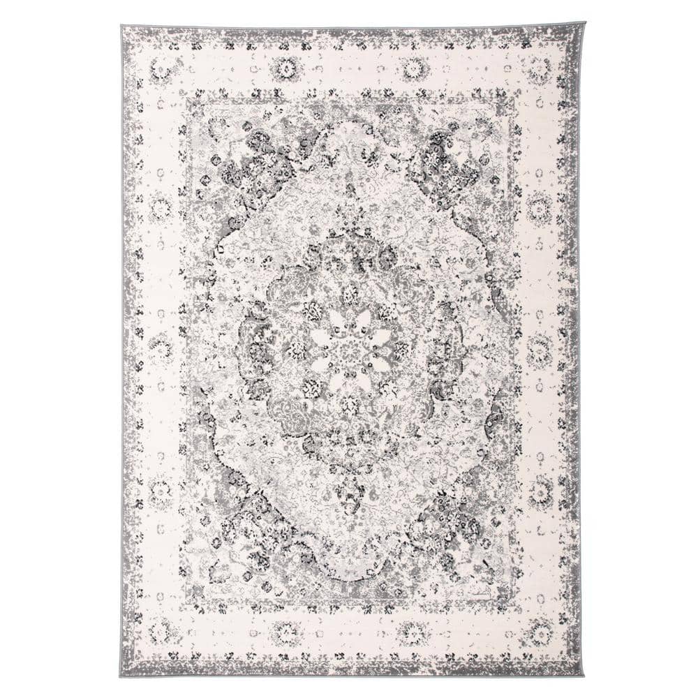 Gray and White Synthetic Medallion 10x14 Area Rug