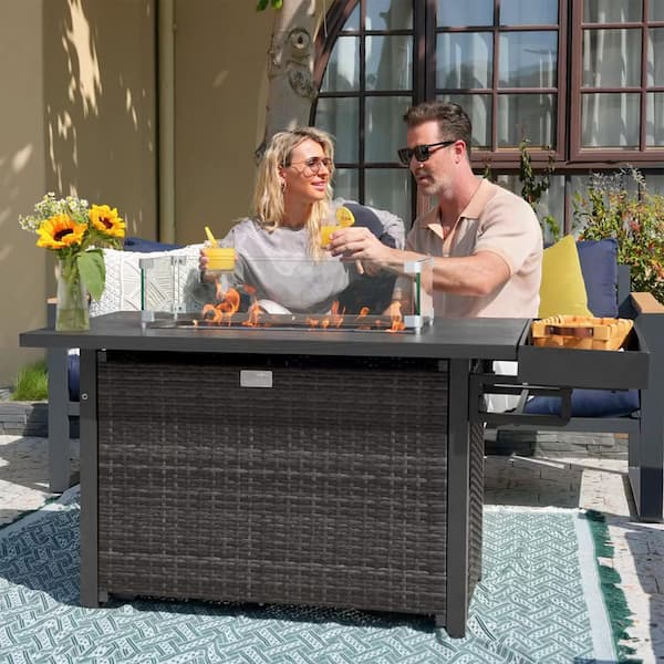 52 in. 50,000 BTU Wicker Outdoor Propane Fire Pit Table with Storage Shelf, Glass Wind Guard, Rain Cover, Gray