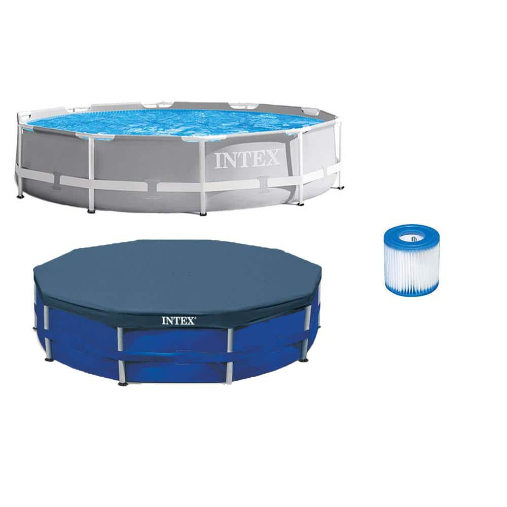 Intex 10 ft. x 30 in. Round Metal Frame Pool with 10 ft. Round Pool Cover and Filter Cartridge